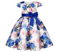 BUNNY LULU Robe pour Filles à épaule inclinée pour Demoiselle d'honneur, Princesse de Mariage, nœud d'anniversaire pour Enfants, soirée de Bal de fête de Boule (Bleu,7-8Ans)