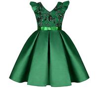 BUNNY LULU Robe pour Filles à épaule inclinée pour Demoiselle d'honneur, Princesse de Mariage, nœud d'anniversaire pour Enfants, soirée de Bal de fête de Boule (Vert,7-8Ans)