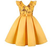 BUNNY LULU Robe pour Filles à épaule inclinée pour Demoiselle d'honneur, Princesse de Mariage, nœud d'anniversaire pour Enfants, soirée de Bal de fête de Boule (Jaune,2-3Ans)