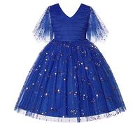 BUNNY LULU Robe pour Filles à épaule inclinée pour Demoiselle d'honneur, Princesse de Mariage, nœud d'anniversaire pour Enfants, soirée de Bal de fête de Boule (Bleu,3-4Ans)
