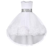 BUNNY LULU Robe pour Filles à épaule inclinée pour Demoiselle d'honneur, Princesse de Mariage, nœud d'anniversaire pour Enfants, soirée de Bal de fête de Boule （Blanc 11-12 Ans）