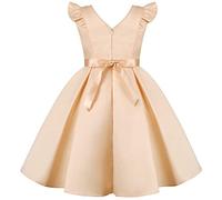 BUNNY LULU Robe pour Filles à épaule inclinée pour Demoiselle d'honneur, Princesse de Mariage, nœud d'anniversaire pour Enfants, soirée de Bal de fête de Boule (Champagne,7-8Ans)