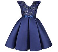 BUNNY LULU Robe pour Filles à épaule inclinée pour Demoiselle d'honneur, Princesse de Mariage, nœud d'anniversaire pour Enfants, soirée de Bal de fête de Boule (Bleu Marine,3-4Ans)