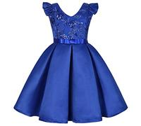 BUNNY LULU Robe pour Filles à épaule inclinée pour Demoiselle d'honneur, Princesse de Mariage, nœud d'anniversaire pour Enfants, soirée de Bal de fête de Boule (Bleu,11-12Ans)