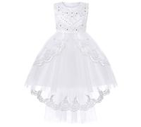BUNNY LULU Robe pour Filles à épaule inclinée pour Demoiselle d'honneur, Princesse de Mariage, nœud d'anniversaire pour Enfants, soirée de Bal de fête de Boule (Blanc 5-6 Ans)