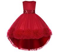BUNNY LULU Robe pour Filles à épaule inclinée pour Demoiselle d'honneur, Princesse de Mariage, nœud d'anniversaire pour Enfants, soirée de Bal de fête de Boule (Rouge 9-10 Ans)