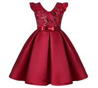 BUNNY LULU Robe pour Filles à épaule inclinée pour Demoiselle d'honneur, Princesse de Mariage, nœud d'anniversaire pour Enfants, soirée de Bal de fête de Boule (Bourgogne,3-4 Ans)