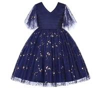 BUNNY LULU Robe pour Filles à épaule inclinée pour Demoiselle d'honneur, Princesse de Mariage, nœud d'anniversaire pour Enfants, soirée de Bal de fête de Boule (Bleu Foncé,3-4Ans)