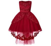 BUNNY LULU Robe pour Filles à épaule inclinée pour Demoiselle d'honneur, Princesse de Mariage, nœud d'anniversaire pour Enfants, soirée de Bal de fête de Boule (Rouge 7-8 Ans)