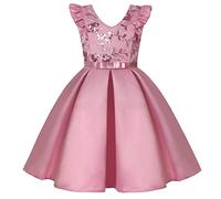 BUNNY LULU Robe pour Filles à épaule inclinée pour Demoiselle d'honneur, Princesse de Mariage, nœud d'anniversaire pour Enfants, soirée de Bal de fête de Boule (Rose 3,7-8Ans)