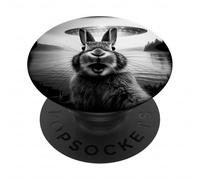 Bunny Selfie with UFO Funny Black & White Graphic Vintage PopSockets PopGrip Adhésif