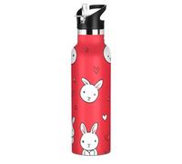 Bunny Simple Line Art Heart Valentine's Cartoon Cartoon Bouteille d'eau isotherme sans BPA avec pailles anti-fuite à double paroi isolation sous vide pour l'école et les sports de plein air
