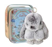 Bunnylulu Porte-clés en forme de lapin Lulu avec boîte exquise, porte-clés lapin en peluche, porte-clés lapin mignon en fourrure artificielle douce porte-clés de voiture porte-clés de sac à main, gris
