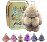 Bunnylulu Porte-clés en peluche lapin Lulu, mignon lapin avec boîte exquise, breloques à pompons en forme de lapin doux faits à la main, breloques lapin pour porte-clés de voiture, sac à main, kaki,