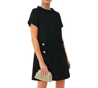 BUNSLOOM Robe pour femme en tweed à manches courtes, col rond, A-ligne, robe de fête vintage, mini robe décontractée, Noir , M