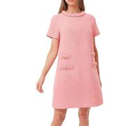 BUNSLOOM Robe pour femme en tweed à manches courtes, col rond, A-ligne, robe de fête vintage, mini robe décontractée, Rose, M