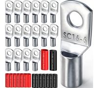 BUNTOR Lot de 32 cosses de câble tubulaires 16 mm² M6 pour câble de batterie de voiture, 16 cosses tubulaires et 16 douilles, assortiment de cosses tubulaires pour voiture, moto, bateaux