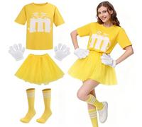 BuntWunder Costume Carnaval pour Femme, Costume M et M avec T-shirt Imprimé M & Tutu & Gants & Chaussettes à Rayures, Déguisement Carnaval Adulte (Jaune, S)