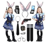 BuntWunder Deguisement Policier Lapin pour Fille, Costume Police Enfant avec Accessoires Oreilles de Lapin Menottes Insigne Sifflet Deguisement Policiere pour Carnaval Halloween (100)