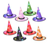 BUNVICK Set De 8 Pièces De Chapeau De Sorcière Avec 80 Lumières LED, Décoration De Chapeau De Sorcière Pour Costumes, Jeux De Rôles, Fêtes D'Halloween, Cadeaux Et Décorations Festives