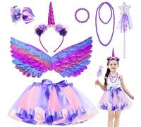 BUOAZR 7 Pcs Deguisement Licorne Fille Princess Enfant, Jupe Tutu avec Ailes, Coiffe de Licorne, Baguette de Fée, Épingles à cheveux,colliers,bracelets, Robe de Soirée convient de 3 à 8 Ans