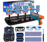 BUOAZR Cible pour Nerf avec 5 Cibles 3 Modes, Cible avec Pistolet Jouets, Gilet Tactique, 30 Mousse Fléchettes, Jeu Electronique de Tir avec Effet Lumineux et Sonore, Jouet pour 3+ an Garçons Filles