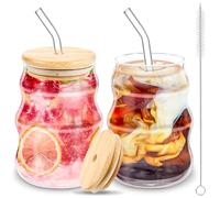 BUOAZR Lot de 2 Verres à Café 530ml - Tasses à Cappuccino et Latte Macchiato Avec Couvercle, Paille et Brosse - Pour Thé, Bière, Lait, Eau, Jus
