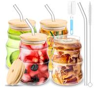 BUOAZR Lot de 4 Verres à Café, 530ml Tasses à Cappuccino Verre, Tasses à Latte Macchiato en Verre avec Couvercle, Verres à thé Ondulés avec Paille de Verre et Brosse, pour Bière, Lait, Eau, Jus, Café