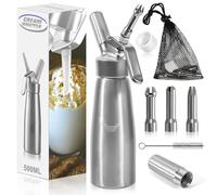 BUOAZR siphon chantilly Professionnel, 500ml syphon à crème, avec 3 Douilles et 1 brosse, 1 sac en filet, siphons cuisine, syphon a crème fouetée pour mousses et crèmes