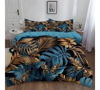 Buohwiwe Housse de Couette 220x240 Feuilles de Palmier Monstera Parure de lit 220 x 240 Adulte Réversible Bleu Doré avec Taies d'oreiller 2 Personnes Set de Housse Couette Microfibre Doux a.1831