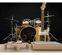Buohwiwe Papier Peint Panoramique Musique Noire Mural 450x315 cm 3D Papier Peint Intisse Tambours Fresque Murale Chambre Coucher Salon Décoration Photo Poster Geant Murale q.4964