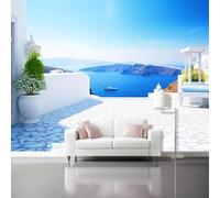 Buohwiwe Papier Peint Panoramique Paysage Marin Grec Mural 450x315 cm 3D Papier Peint Intisse Villa Grecque Fresque Murale Chambre Coucher Salon Décoration Photo Poster Geant Murale q.4217