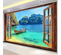 Buohwiwe Papier Peint Panoramique Paysage Naturel Mural 150x105 cm 3D Papier Peint Intisse Bateau de Pêche Sur Rocher Fresque Murale Chambre Coucher Salon Décoration Photo Poster Geant Murale q.4336