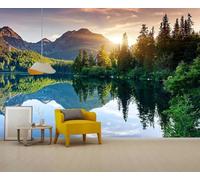 Buohwiwe Papier Peint Panoramique Paysage Naturel Mural 300x210 cm 3D Papier Peint Intisse Montagnes Lacs Fresque Murale Chambre Coucher Salon Décoration Photo Poster Geant Murale q.2889