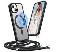 Buoluoioir Coque pour Apple iPhone 15 avec Cordon,Etui avec Coque pour MagSafe iPhone 15 6.1",Compatible avec magnétique,Coque Translucide Collier Chaîne,Dos Mat,Crossbody,Noir