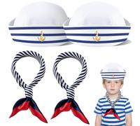 BUOSHUO Chapeau Marin et Écharpe Rayée, Style Marinière Homme - Casquette Marin & Casquette Capitaine Bateau, Costume Marine Taille Unique pour Déguisement Fête/Halloween Hommes et Femmes