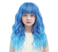 BUPPLER Perruque pour enfant - Bleu clair avec frange - 35,5 cm - Cheveux synthétiques ondulés avec des plages améliorées - Perruque longue aux épaules pour fêtes costumées (35,5 cm, bleu clair)