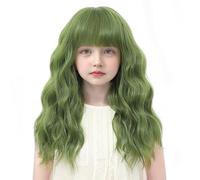 BUPPLER Perruque pour enfant - Vert olive avec frange - 35,5 cm - Cheveux synthétiques ondulés avec des plages améliorées - Perruque longueur épaules pour fêtes costumées (35,5 cm, vert olive)