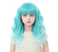 BUPPLER Perruque pour enfant - Vert ombré - Avec frange - 35,5 cm - Pour Halloween et cosplay - Cheveux synthétiques ondulés avec des plages améliorées - Perruque longueur épaules pour fêtes costumées
