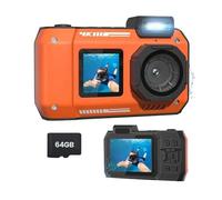 Buqpow Caméra Étanche 4K 65MP Caméra sous-Marine avec Carte 64G, pour Plongée en Apnée Autofocus Selfie Double Écran Orange