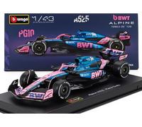 BBurago Miniature F1 Alpine A525 BWT N°10 Pierre Gasly avec pilote & vitrine Noir/Bleu/Rose