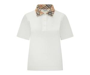 Burberry - Check Collar Cotton Polo - Femme - Tops - Blanc - Taille: 42 FR