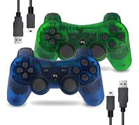 Burcica Manette sans Fil pour PS3 Playstation 3 Dual Shock, Gaming Gamepad Joystick Télécommande pour PS3 6 Axes avec Câble de Charge (Transparent, Vert et Bleu Transparent)
