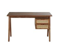 Bureau 2 tiroirs en bois d'acacia massif et cannage en rotin 120x75x55cm Marron
