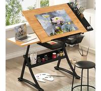 Bureau à Dessin en Bois avec Tabouret, Table d'artisanat d'art, Hauteur réglable, inclinable à 80°, Poste de Travail pour Illustrations, graphisme, écriture