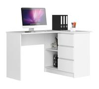 Bureau AKORD d'angle droit B16 Blanc 124 cm 3 tiroirs façade Blanche 2 étagères 124x85x77 cm