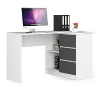 AKORD Bureau d'angle avec 2 étagères et 3 Tiroirs | Table avec Meuble de Rangement intégré et modulable | L124 x H77 x P85 | Fourniture Bureau | Blanc & Graphite Façade