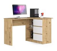 AKORD Bureau d'angle | Table avec Meuble de Rangement intégré et modulable avec 3 tiroirs et 2 étagères | L124 x H77 x P85 | Fourniture Bureau | Chêne Artisanal & Blanc Façade