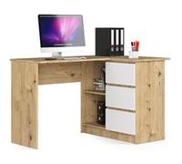 Bureau AKORD d'angle droit B16 Chêne Artisan 124 cm 3 tiroirs façade Blanche 2 étagères 124x85x77 cm Chêne Artisan / Blanc G