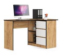 Bureau AKORD d'angle droit B16 Chêne Craft 124 cm 3 tiroirs façade Blanche 2 étagères 124x85x77 cm Chêne Craft / Blanc G